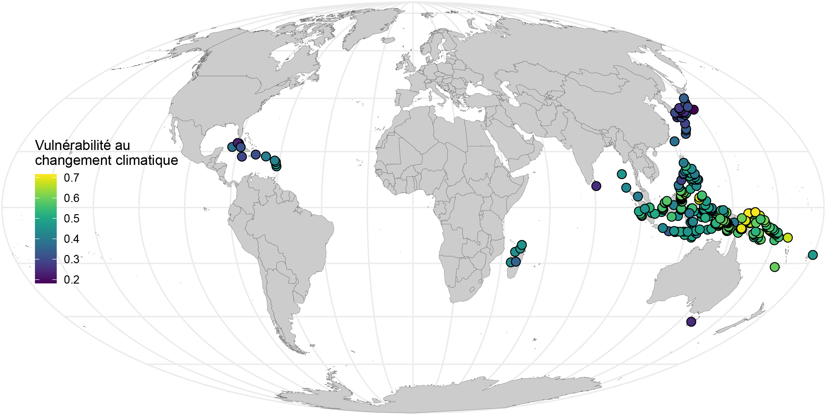 Cartographie indiquant la vulnérabilité de 340 îles aux changements climatiques d’ici 2050 (RCP 6.0) sur la base des mammifères endémiques. 
