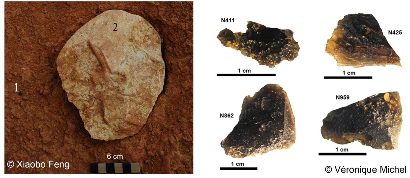 Association biface (2)-tectite (1) observée in situ à Nalai et quatre tectites analysées dans ce travail